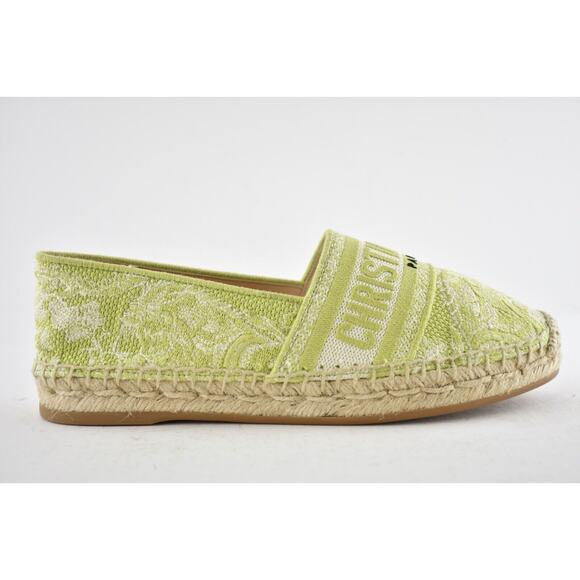 Dior Granville Toile De Jouy Embroidered Lime Green Logo Espadrille Flat 35.5 - Picture 2 of 12